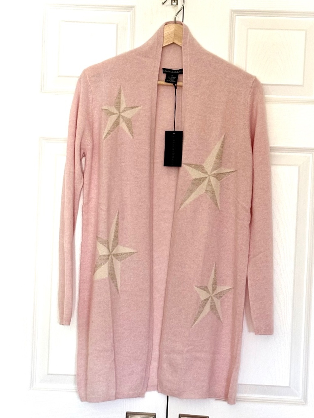 NWT Sofia Cashmere Star Duster Cardigan Sweater Pink Gold Lamé Metallic M